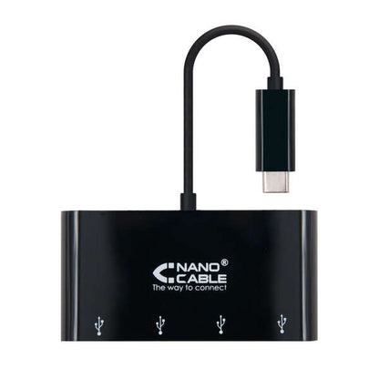 Nanocable - Adaptador USB-C a 4xUSB 3.0. USB-C/M-USB 3.0/H  Negro  10 cm