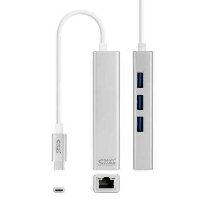 Nanocable Conversor USB-C a Ethernet Gigabit + 3xUSB 3.0 - Aluminio - 15 cm - Color Plata 1 pieza(s)