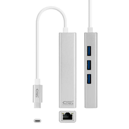 Nanocable Conversor USB-C a Ethernet Gigabit + 3xUSB 3.0 - Aluminio - 15 cm - Color Plata 1 pieza(s)