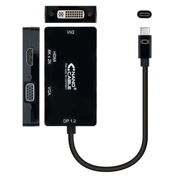 Nanocable - Conversor USB-C a VGA / DVI / H???  3 En 1. USB-C/M-VGA/H-DVI/H-HDMI/H 4K  Negro  10 cm