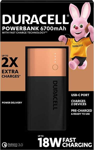 Duracell Bateria Externa/Power Bank 6700mAh PD 18W y QC 3.0 - 1x USB-A, 1x USB-C - Indicadores Led - 2 Dispositivos Simultaneamente 1 pieza(s)