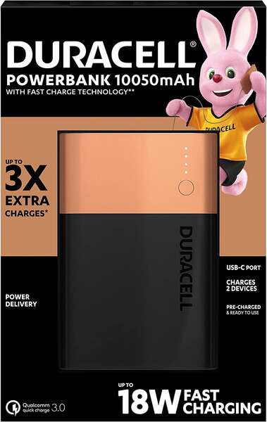 Duracell Bateria Externa/Power Bank 10050mAh PD 18W y QC 3.0 - 1x USB-A, 1x USB-C - Indicadores Led - 2 Dispositivos Simultaneamente 1 pieza(s)