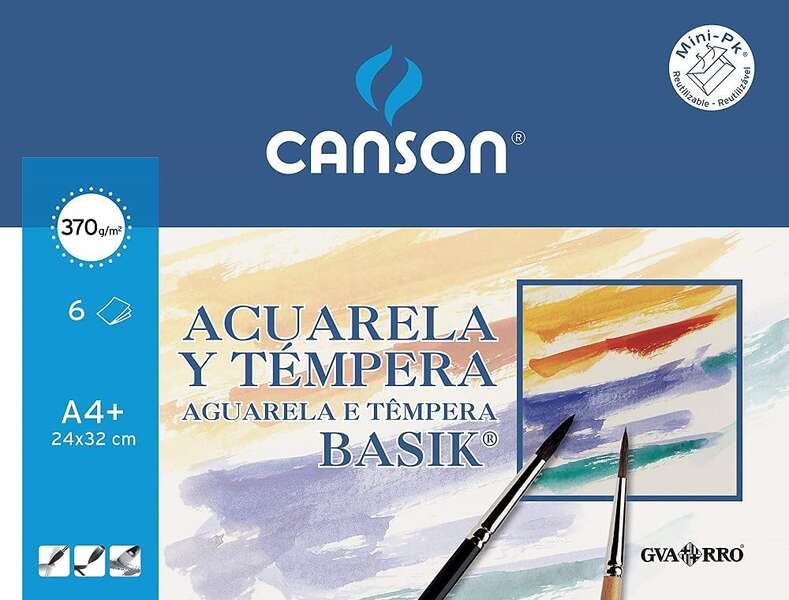 Canson Acuarela Basik Minipack de 6 Hojas A4+ 370gr - Muy Bien Encolado - De grano Ligero - Color Blanco 1 pieza(s)