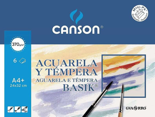 Canson Acuarela Basik Minipack de 6 Hojas A4+ 370gr - Muy Bien Encolado - De grano Ligero - Color Blanco 1 pieza(s)