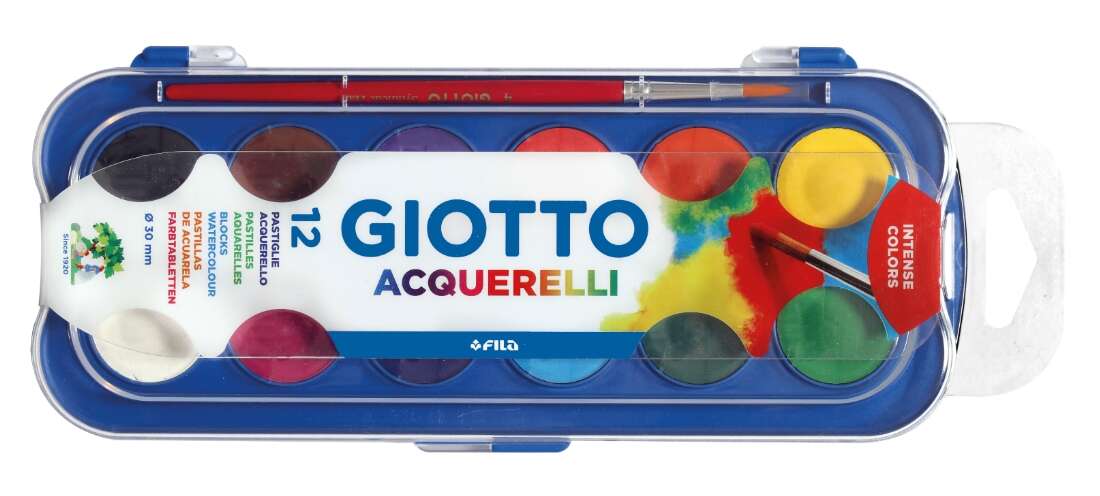 Giotto Estuche de 12 Acuarelas de 30mm + Pincel - Colores Brillantes, Intensos y Vivos - Muy Cubrientes - Colores Surtidos 1 pieza(s)