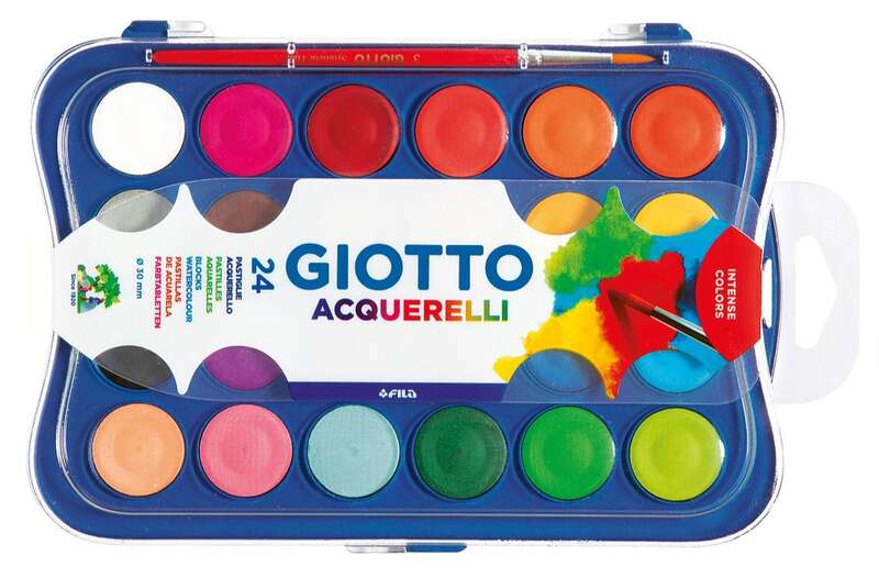 Giotto Estuche de 24 Acuarelas de 30mm + Pincel - Colores Brillantes, Intensos y Vivos - Muy Cubrientes - Colores Surtidos 1 pieza(s)