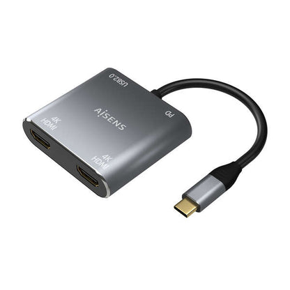 AISENS - Conversor USB-C a 2XHDMI 4K SST MST/USB2.0/USB-C PD 60W  USB-C/M-2XHDMI/H-USB-A/H-USB-C/H  Gris  15CM