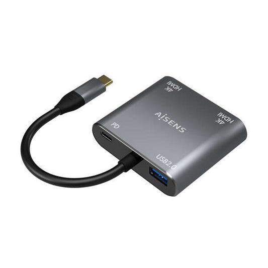 AISENS - Conversor USB-C a 2XHDMI 4K SST MST/USB2.0/USB-C PD 60W  USB-C/M-2XHDMI/H-USB-A/H-USB-C/H  Gris  15CM