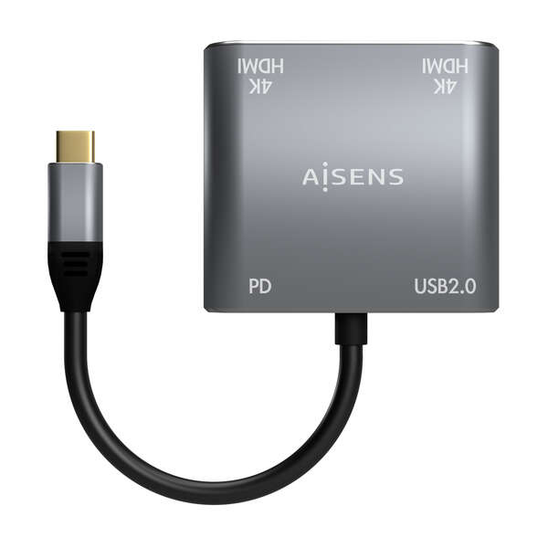 AISENS - Conversor USB-C a 2XHDMI 4K SST MST/USB2.0/USB-C PD 60W  USB-C/M-2XHDMI/H-USB-A/H-USB-C/H  Gris  15CM