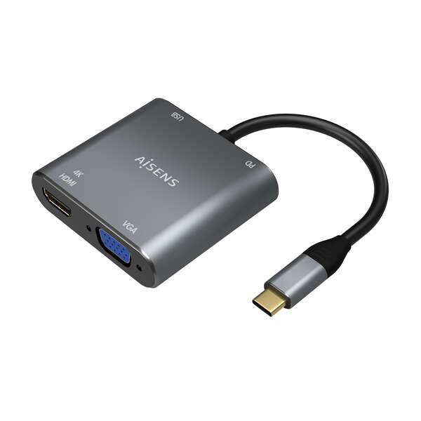 AISENS - Conversor USB-C a VGA/HDMI 4K/USB3.0/USB-C PD  USB-C/M-VGA/H-HDMI/H-USB-A/H-USB-C/H  Gris  15CM