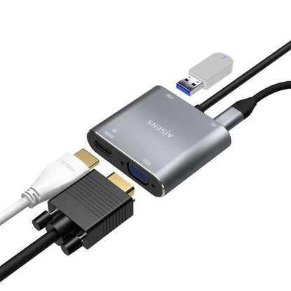 AISENS - Conversor USB-C a VGA/HDMI 4K/USB3.0/USB-C PD  USB-C/M-VGA/H-HDMI/H-USB-A/H-USB-C/H  Gris  15CM