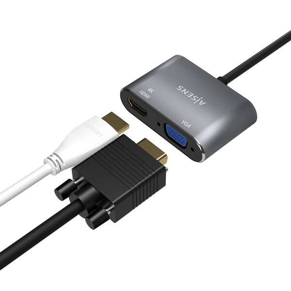 AISENS - Conversor USB-C a VGA/HDMI 4K  USB-C/M-VGA/H-HDMI/H  Gris  15CM