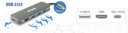 D-Link - DUB-2333 base para portátil y replicador de puertos Alámbrico USB Tipo C Gris