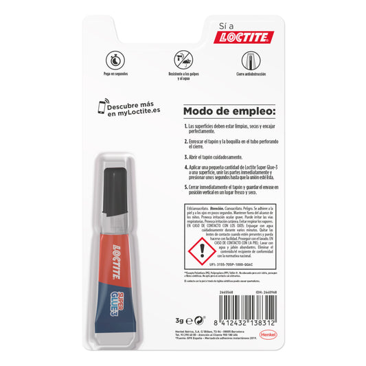 Loctite Super Glue-3 Original Pegamento Transparente Instantaneo 3gr - Formula Triple Resistencia - Secado en 3 Segundos - Tapon Antiobstruccion 1 pieza(s)