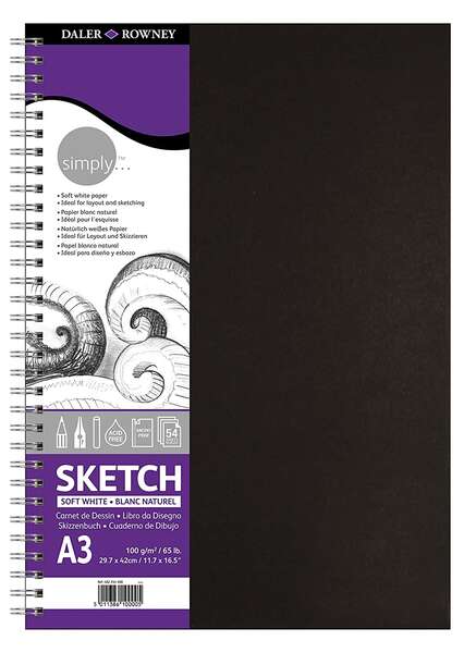 Daler Rowney Simply Cuaderno de Dibujo A3 - Cubierta Rigida con Encuadernacion en Espiral 100g/m2 - Color Blanco 1 pieza(s)