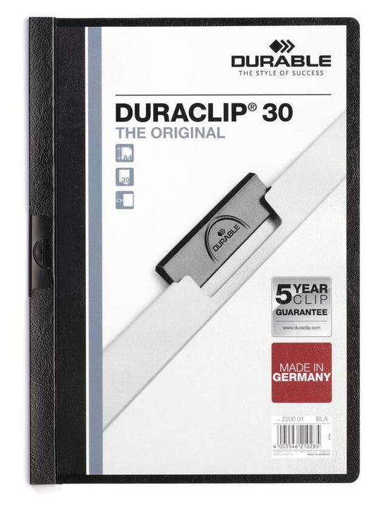 Durable Duraclip 30 Carpeta de Plastico con Clip de Acero - Tamaño A4 - Capacidad hasta 30 Hojas - Parte Posterior Rigida Color Negro 1 pieza(s)