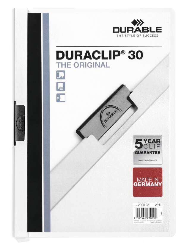 Durable Duraclip 30 Carpeta de Plastico con Clip de Acero - Tamaño A4 - Capacidad hasta 30 Hojas - Parte Posterior Rigida Color Blanco 1 pieza(s)