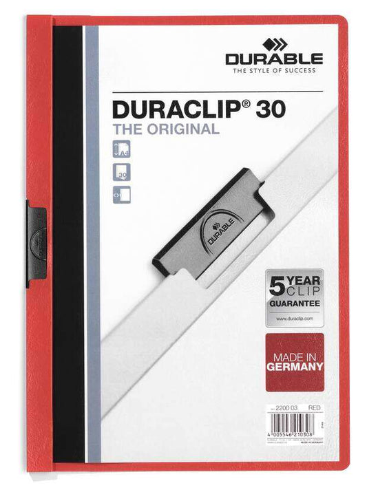 Durable Duraclip 30 Carpeta de Plastico con Clip de Acero - Tamaño A4 - Capacidad hasta 30 Hojas - Parte Posterior Rigida Color Rojo 1 pieza(s)