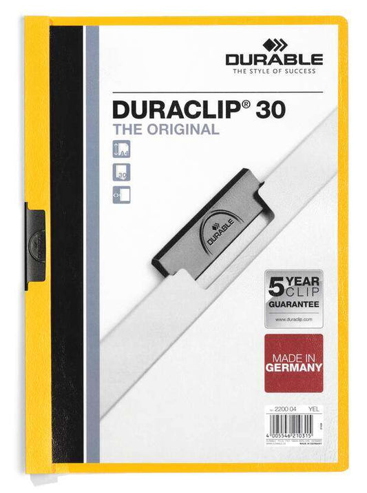 Durable Duraclip 30 Carpeta de Plastico con Clip de Acero - Tamaño A4 - Capacidad hasta 30 Hojas - Parte Posterior Rigida Color Amarillo 1 pieza(s)