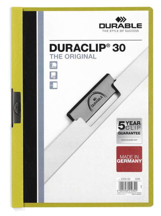 Durable Duraclip 30 Carpeta de Plastico con Clip de Acero - Tamaño A4 - Capacidad hasta 30 Hojas - Parte Posterior Rigida Color Verde 1 pieza(s)