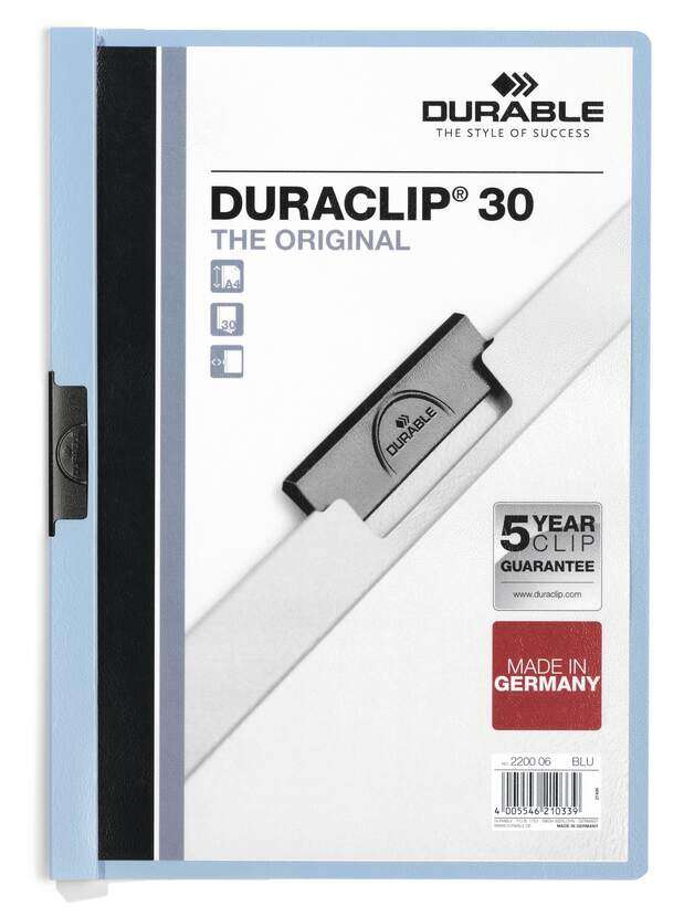 Durable Duraclip 30 Carpeta de Plastico con Clip de Acero - Tamaño A4 - Capacidad hasta 30 Hojas - Parte Posterior Rigida Color Azul Claro 1 pieza(s)