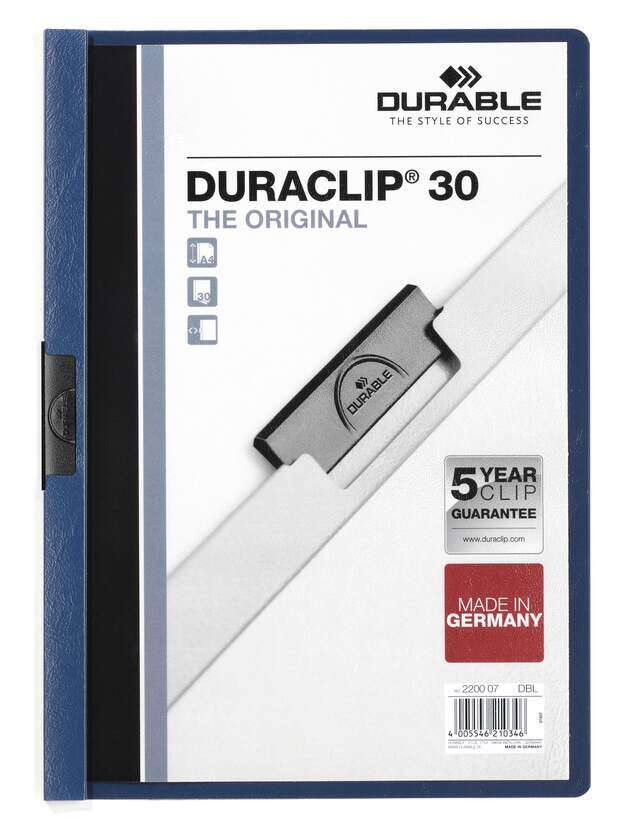 Durable Duraclip 30 Carpeta de Plastico con Clip de Acero - Tamaño A4 - Capacidad hasta 30 Hojas - Parte Posterior Rigida Color Azul Oscuro 1 pieza(s)