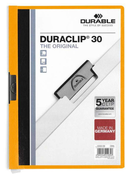 Durable Duraclip 30 Carpeta de Plastico con Clip de Acero - Tamaño A4 - Capacidad hasta 30 Hojas - Parte Posterior Rigida Color Naranja 1 pieza(s)