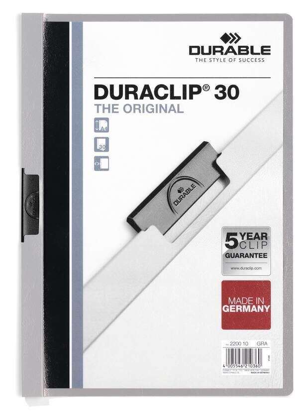 Durable Duraclip 30 Carpeta de Plastico con Clip de Acero - Tamaño A4 - Capacidad hasta 30 Hojas - Parte Posterior Rigida Color Gris 1 pieza(s)