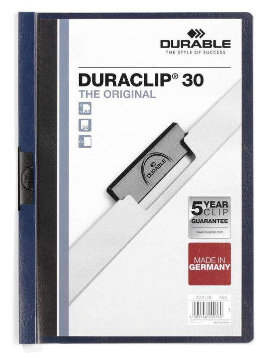 Durable Duraclip 30 Carpeta de Plastico con Clip de Acero - Tamaño A4 - Capacidad hasta 30 Hojas - Parte Posterior Rigida Color Azul Antracita 1 pieza(s)