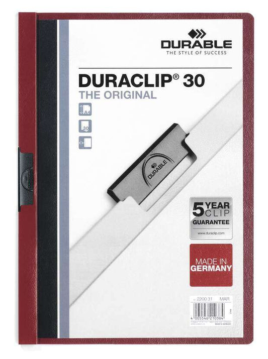 Durable Duraclip 30 Carpeta de Plastico con Clip de Acero - Tamaño A4 - Capacidad hasta 30 Hojas - Parte Posterior Rigida Color Berenjena 1 pieza(s)