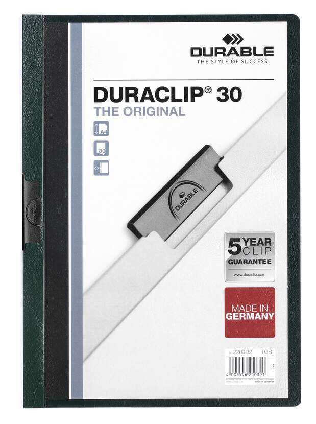 Durable Duraclip 30 Carpeta de Plastico con Clip de Acero - Tamaño A4 - Capacidad hasta 30 Hojas - Parte Posterior Rigida Color Verde Oscuro 1 pieza(s)