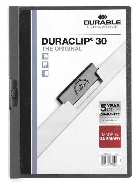 Durable Duraclip 30 Carpeta de Plastico con Clip de Acero - Tamaño A4 - Capacidad hasta 30 Hojas - Parte Posterior Rigida Color Gris Antracita 1 pieza(s)