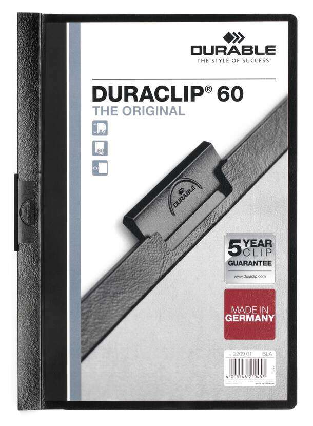 Durable Duraclip 60 Carpeta de Plastico con Clip de Acero - Tamaño A4 - Capacidad hasta 60 Hojas - Parte Posterior Rigida Color Negro 1 pieza(s)