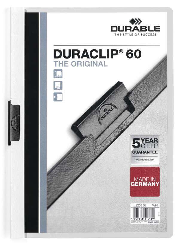 Durable Duraclip 60 Carpeta de Plastico con Clip de Acero - Tamaño A4 - Capacidad hasta 60 Hojas - Parte Posterior Rigida Color Blanco 1 pieza(s)