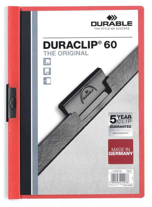 Durable Duraclip 60 Carpeta de Plastico con Clip de Acero - Tamaño A4 - Capacidad hasta 60 Hojas - Parte Posterior Rigida Color Rojo 1 pieza(s)