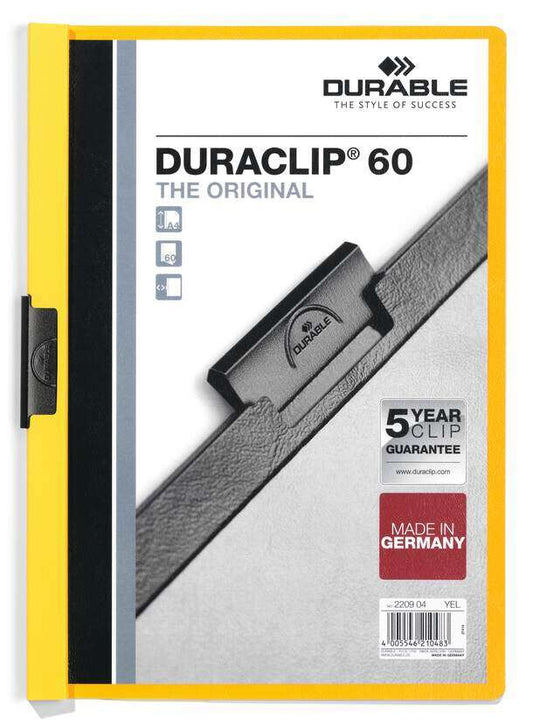 Durable Duraclip 60 Carpeta de Plastico con Clip de Acero - Tamaño A4 - Capacidad hasta 60 Hojas - Parte Posterior Rigida Color Amarillo 1 pieza(s)