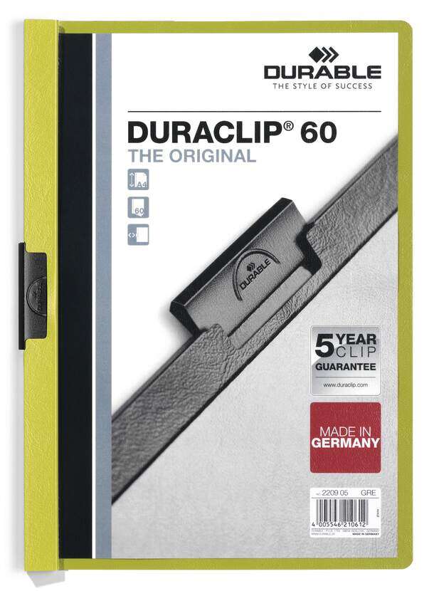 Durable Duraclip 60 Carpeta de Plastico con Clip de Acero - Tamaño A4 - Capacidad hasta 60 Hojas - Parte Posterior Rigida Color Verde 1 pieza(s)