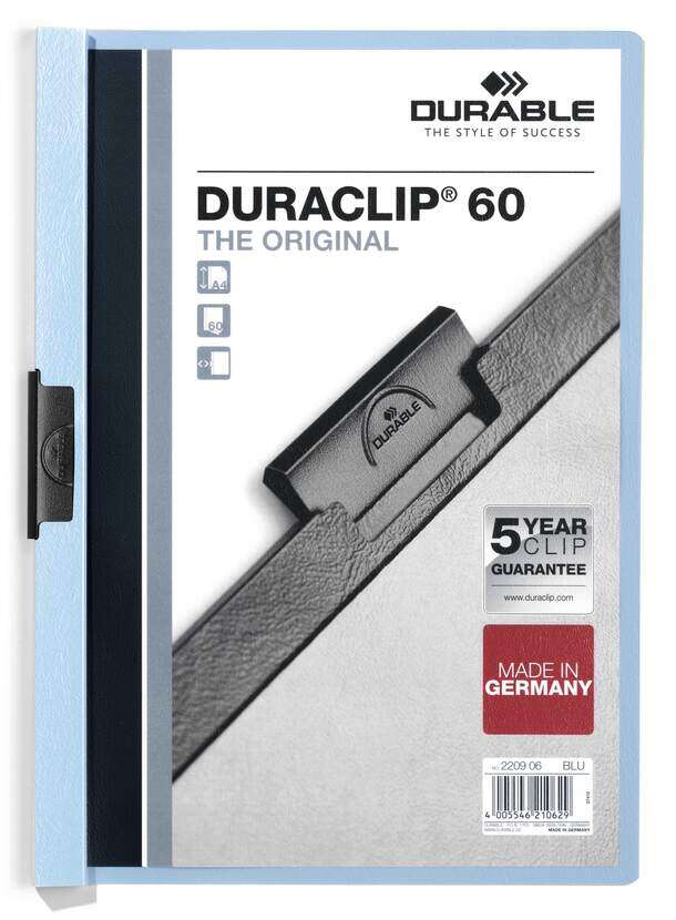 Durable Duraclip 60 Carpeta de Plastico con Clip de Acero - Tamaño A4 - Capacidad hasta 60 Hojas - Parte Posterior Rigida Color Azul Claro 1 pieza(s)