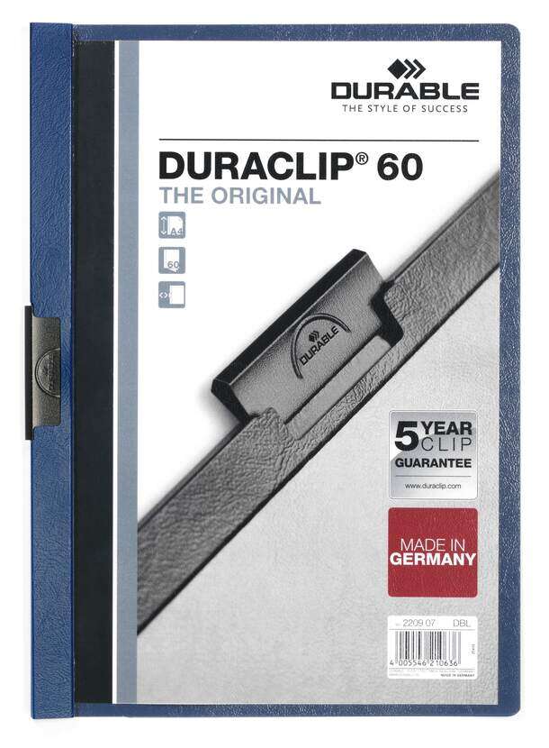 Durable Duraclip 60 Carpeta de Plastico con Clip de Acero - Tamaño A4 - Capacidad hasta 60 Hojas - Parte Posterior Rigida Color Azul Oscuro 1 pieza(s)