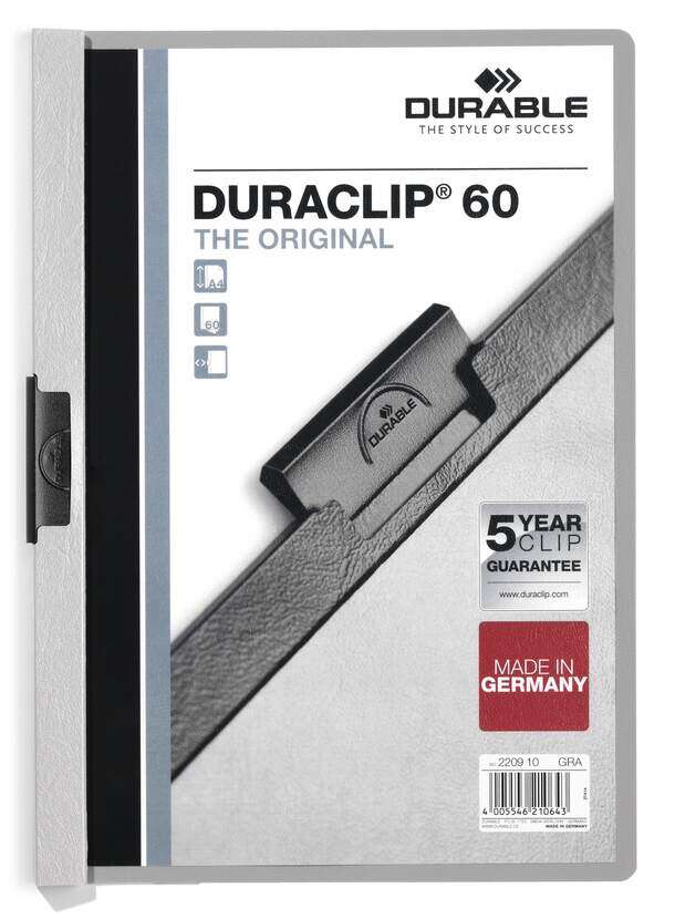 Durable Duraclip 60 Carpeta de Plastico con Clip de Acero - Tamaño A4 - Capacidad hasta 60 Hojas - Parte Posterior Rigida Color Gris 1 pieza(s)