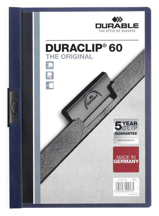 Durable Duraclip 60 Carpeta de Plastico con Clip de Acero - Tamaño A4 - Capacidad hasta 60 Hojas - Parte Posterior Rigida Color Azul Antracita 1 pieza(s)