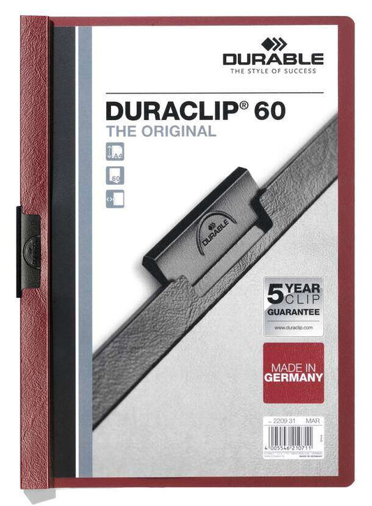 Durable Duraclip 60 Carpeta de Plastico con Clip de Acero - Tamaño A4 - Capacidad hasta 60 Hojas - Parte Posterior Rigida Color Berenjena 1 pieza(s)