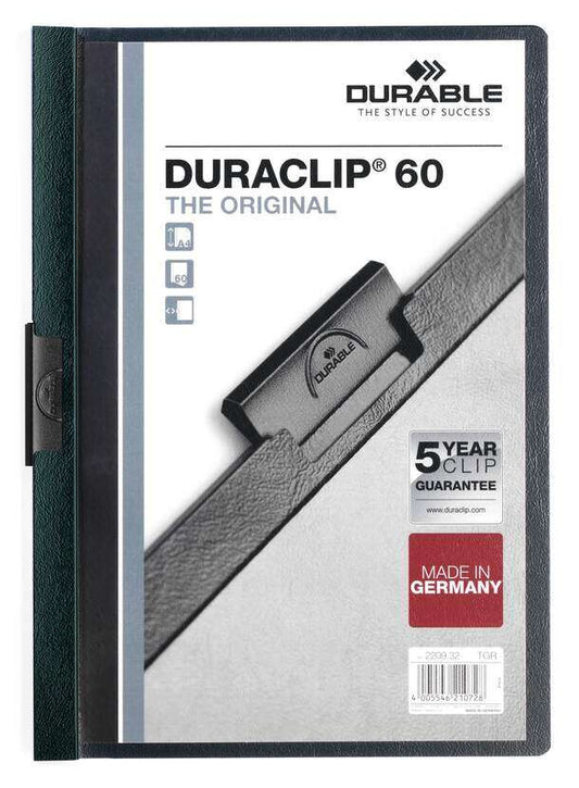 Durable Duraclip 60 Carpeta de Plastico con Clip de Acero - Tamaño A4 - Capacidad hasta 60 Hojas - Parte Posterior Rigida Color Verde Oscuro 1 pieza(s)