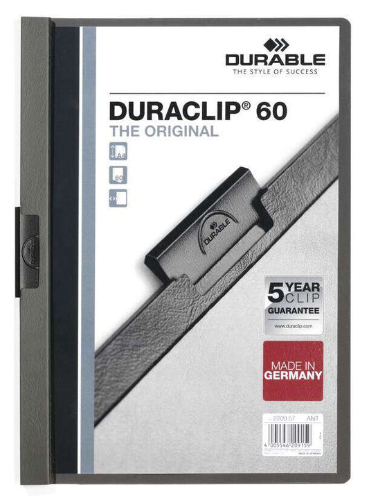 Durable Duraclip 60 Carpeta de Plastico con Clip de Acero - Tamaño A4 - Capacidad hasta 60 Hojas - Parte Posterior Rigida Color Gris Antracita 1 pieza(s)