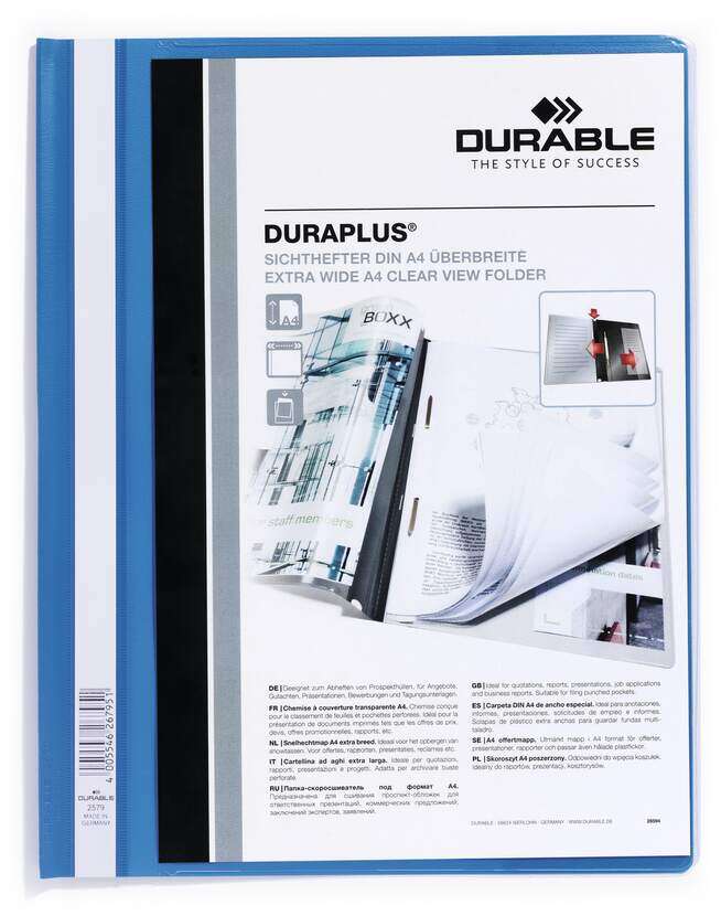 Durable Duraplus Carpeta de Fastener - Para Formato A4+ - Compartimento Interior - Tapa Posterior de Color Azul 1 pieza(s)