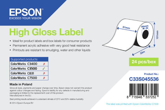 Epson - High Gloss Label - Continuous Roll: 51mm x 33m