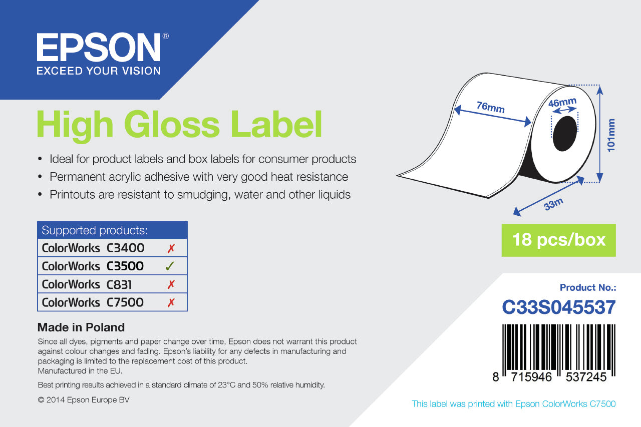 Epson - High Gloss Label - Continuous Roll: 76mm x 33m