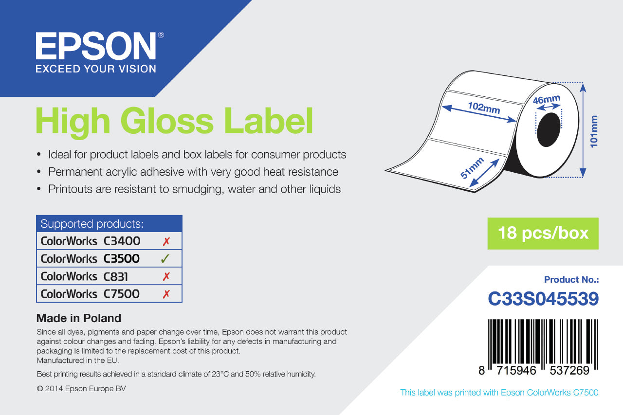 Epson - High Gloss Label - Die-cut Roll: 102mm x 51mm  610 labels