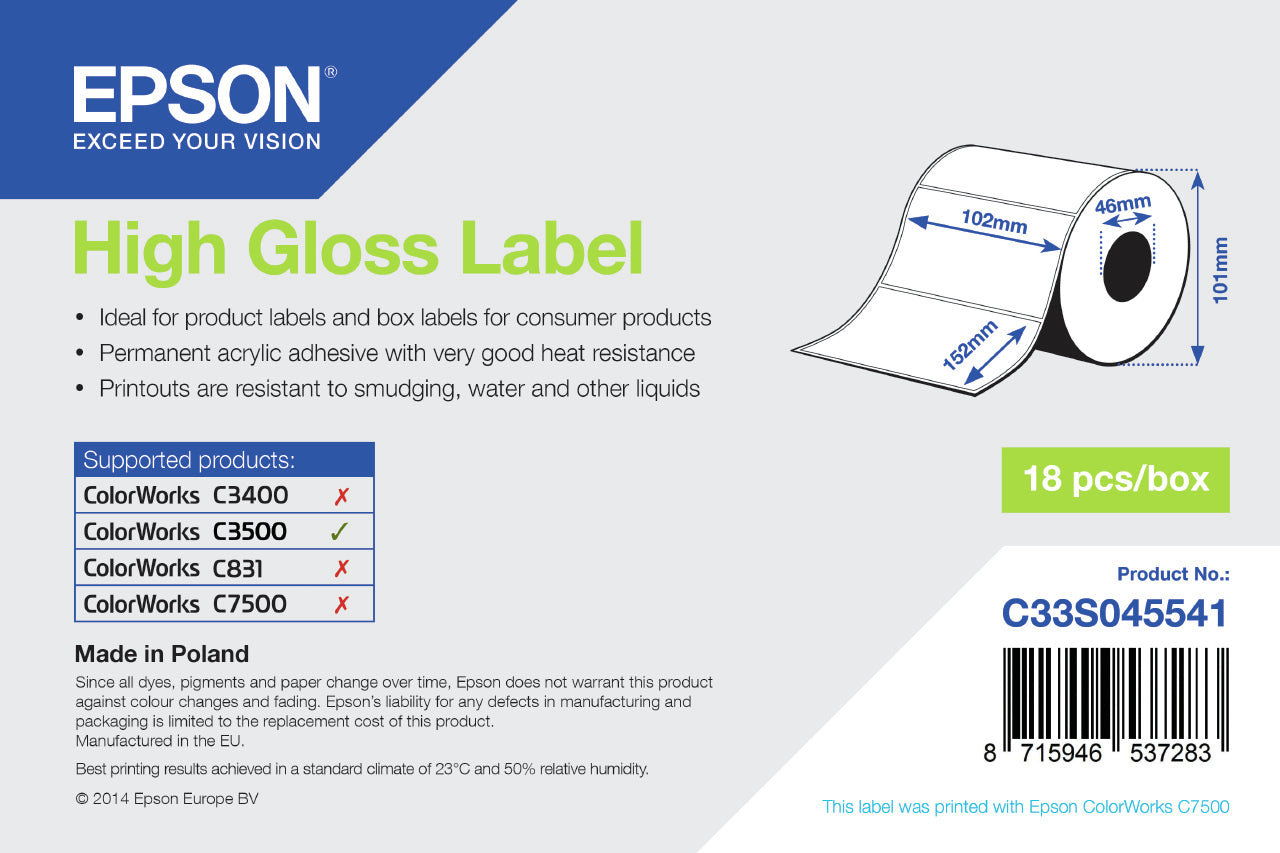 Epson - High Gloss Label - Die-cut Roll: 102mm x 152mm  210 labels