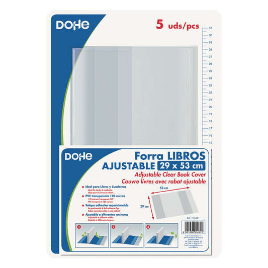 Dohe Pack de 5 Cubiertas Protectoras de Libros - Solapa Adhesiva Reposicionable - Tamaño 29x53cm - Material PVC 120 micras 1 pieza(s)